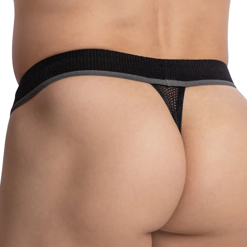 Black mesh thong with solid black waistband and gray trim shown from the back in pistol pete ppk006 half naked thong article