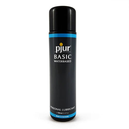 Black cylindrical bottle of pjur basic waterbased personal lubricant with blue accents and black cap for intimacy enhancement