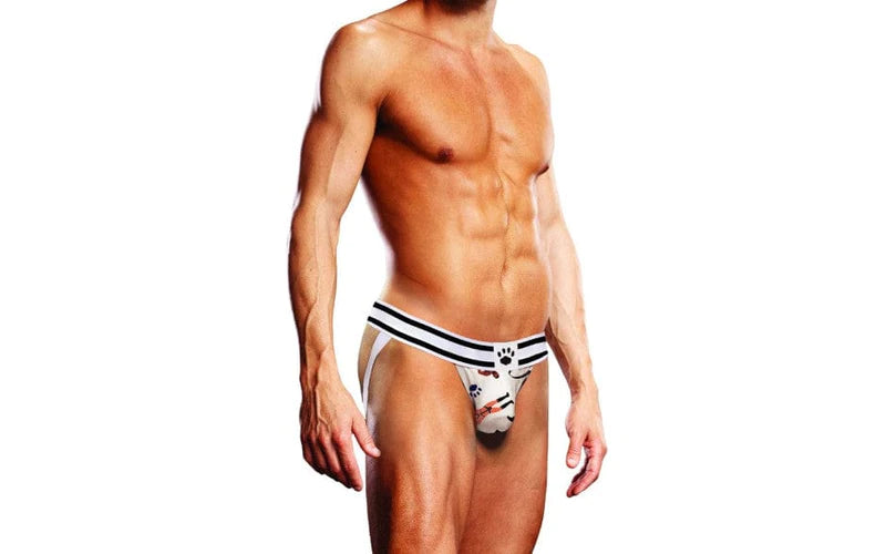 White athletic briefs with black stripes and paw print design featured in prowler leather pride jock strap article
