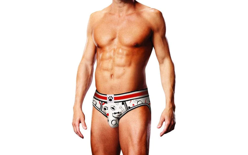 White men’s briefs with black and red trim featuring a playful paw prints and dog icons pattern