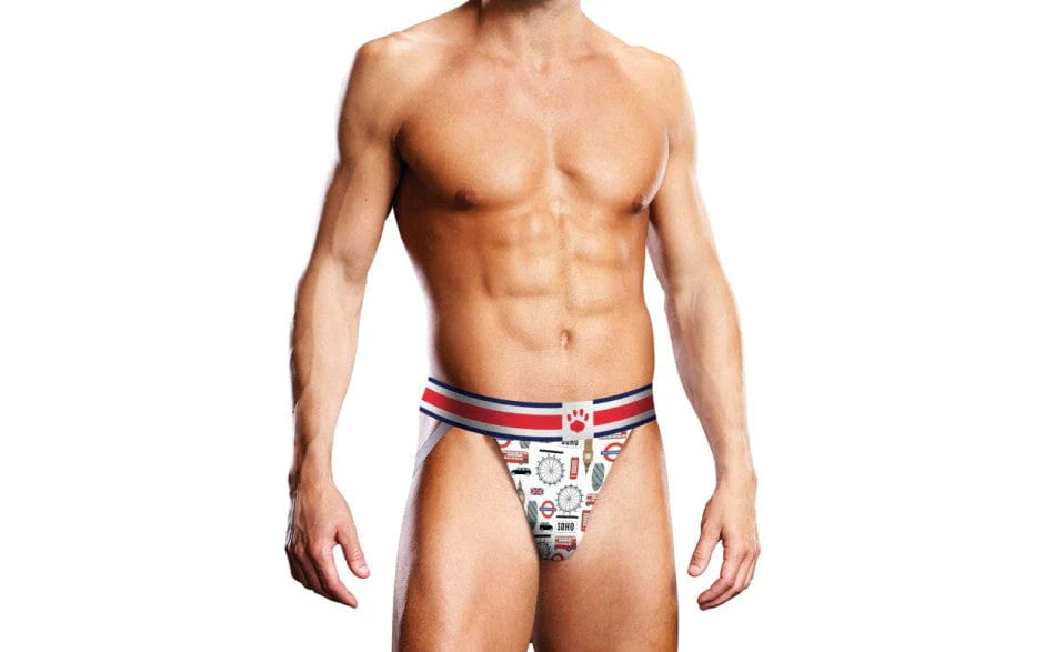 White athletic briefs with red white and blue striped waistband and paw print emblem featuring all over logo pattern
