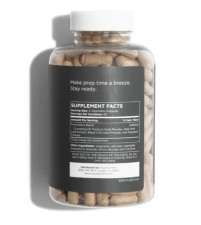 Clear plastic bottle with white cap containing light beige oval capsules for pure for men stay ready fiber supplement