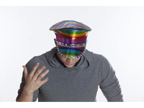 Rainbow striped iridescent festival hat with metallic band by kbw global perfect for vibrant events