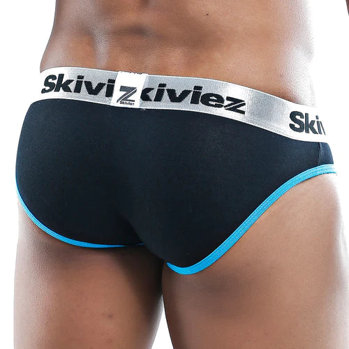 Black skiviez szj009 briefs with silver waistband and bright blue trim combining comfort and style.