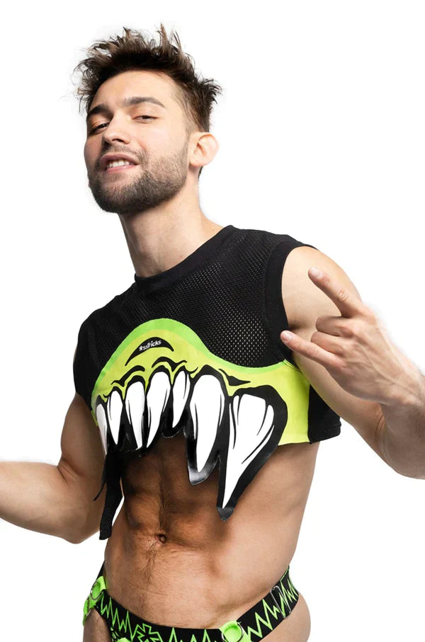 Black mesh sleeveless crop top with vibrant neon green and white monster mouth graphic for a bold monster look