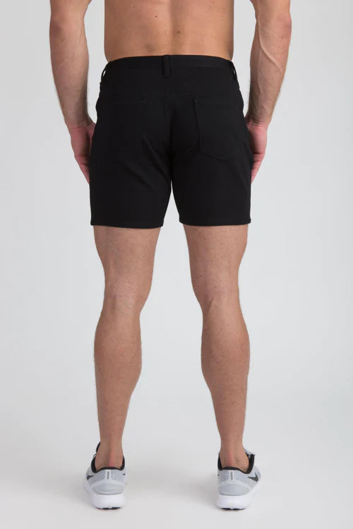 Black st33le stretch knit shorts with tailored fit and subtle side pockets for athletic wear