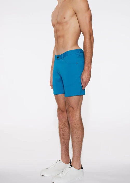 Bright blue ST33LE stretch knit chino shorts with tailored fit and subtle side pockets for comfort and style.