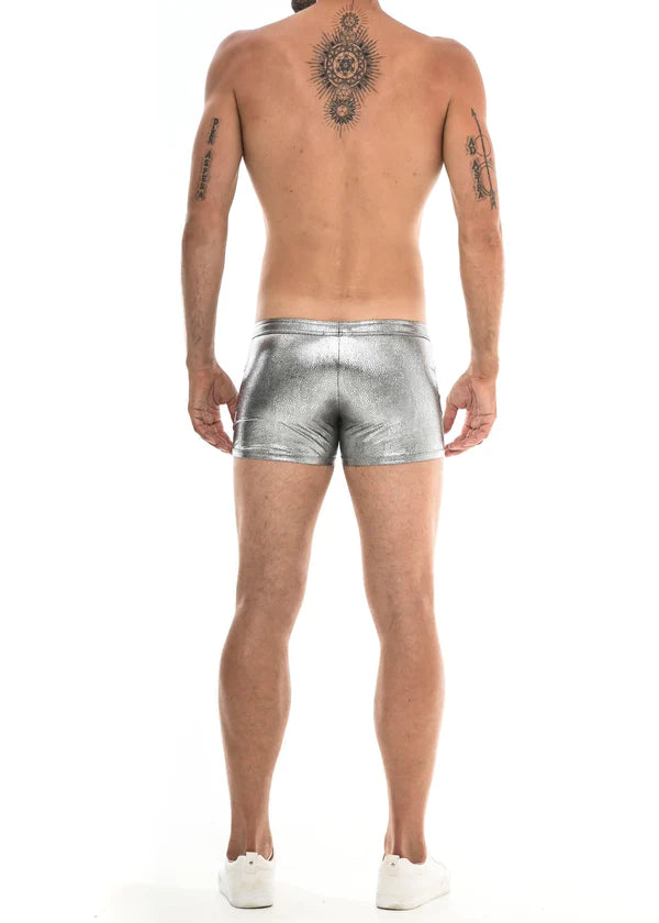 Shiny silver metallic swim trunks made of metallic fabric for stylish and trendy summer swimwear use