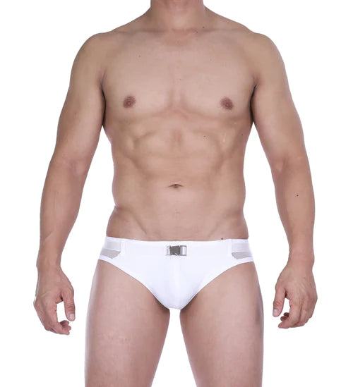 White gyree low rise athletic briefs with silver buckle and mesh side panels for style and comfort