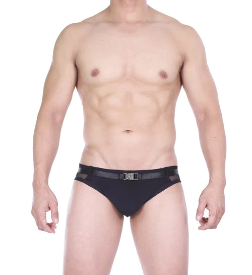Black gyree low rise brief by stud wear it proud with sleek fit and metallic buckle waistband detail