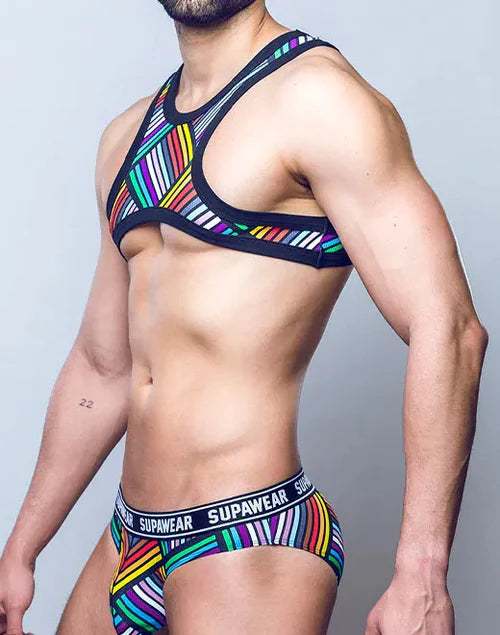 Rainbow-striped supawear athletic bra and matching briefs featuring ribbed fabric and slashed crop top style