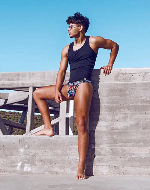 Black and multicolored patterned Supawear POW Rainbow thong with branded waistband for boosted style and confidence