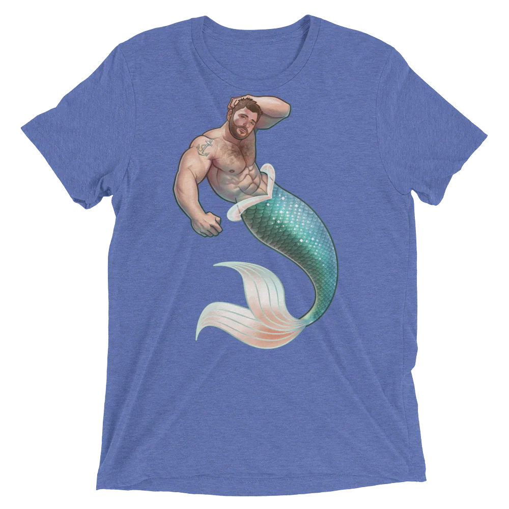 Blue heathered t-shirt featuring a muscular bearded merman with tattoo and teal white scaled tail for stylish durability