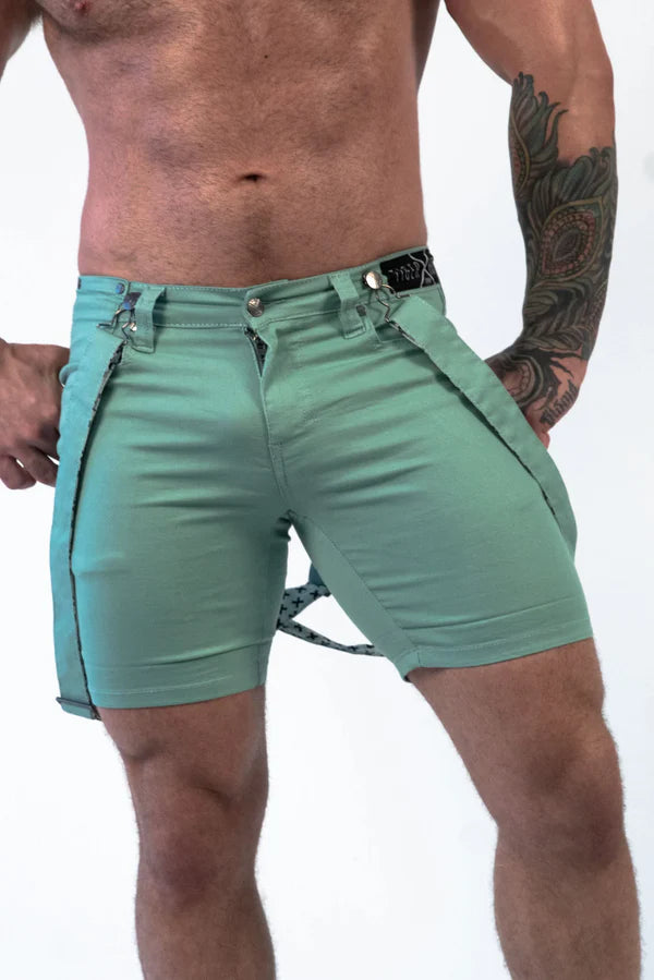 Mint green romey shorts with black trim and distinctive side pocket design for ultimate comfort and style