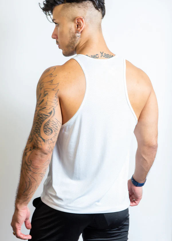White sleeveless gym tank top with simple clean design in breathable fabric ideal for creative male workouts