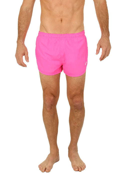 Bright pink Uzzi running short with elastic waistband and small logo on lower right leg for active wear