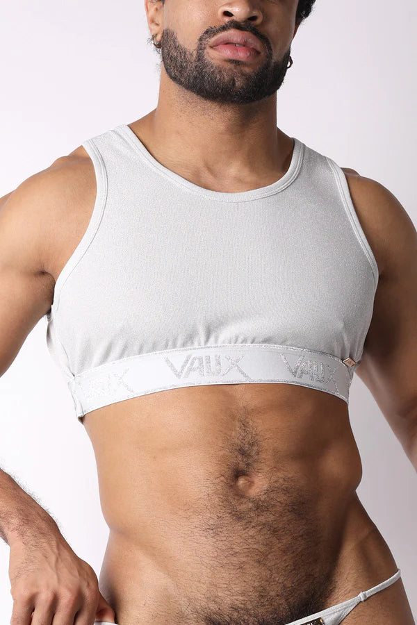 Light gray vaux brand tank top with ribbed texture and subtle logo band perfect for stylish casual wear