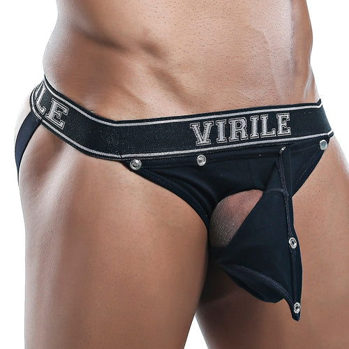 Black virile brand briefs with shiny elastic waistband, silver lettering, and metallic button closures for durable style