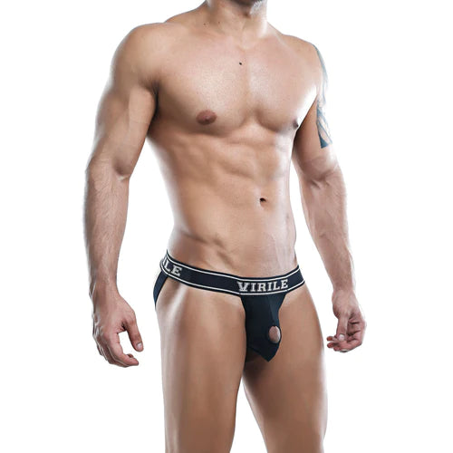Black virile VLE004 jockstrap with white lettering on waistband designed to unleash confidence and support.