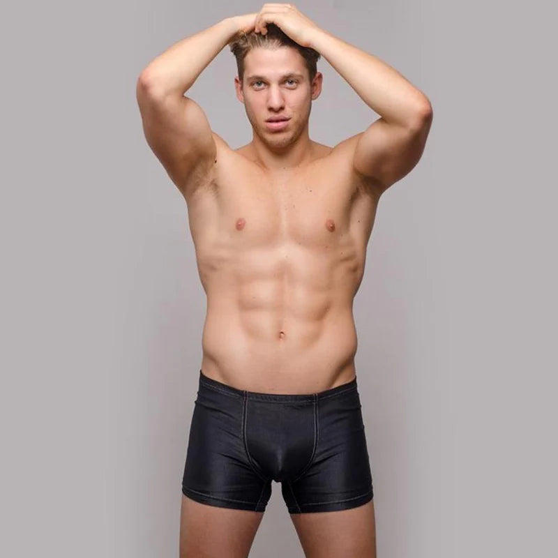 Black shiny faux leather briefs showing back side ideal for hot yoga shorts in black or navy article