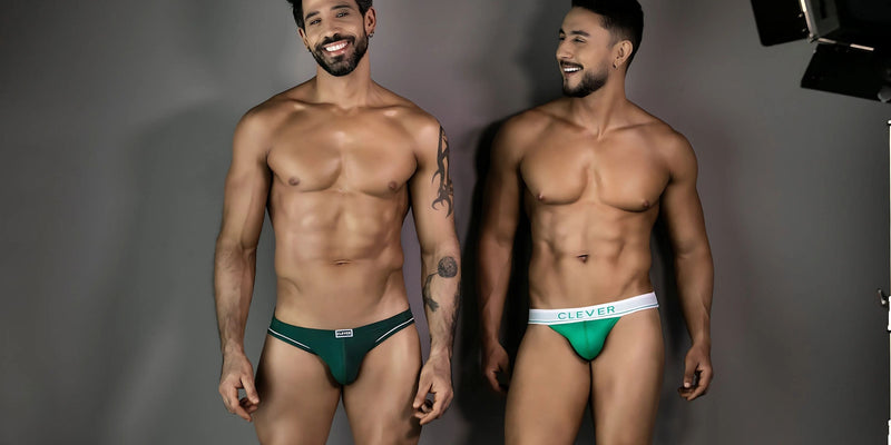 Green and white cotton briefs from clever moda pride trunks bold gay and queer mens underwear collection front view