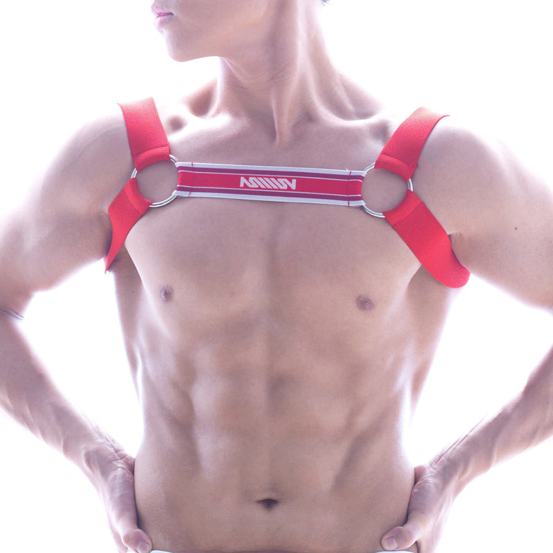 Red ashley harness with silver metal rings and white logo strip from metro malewear m2w collection