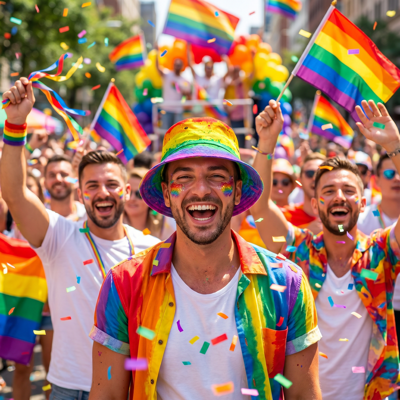 Man wearing a rainbow bucket hat at a colorful Pride festival celebration