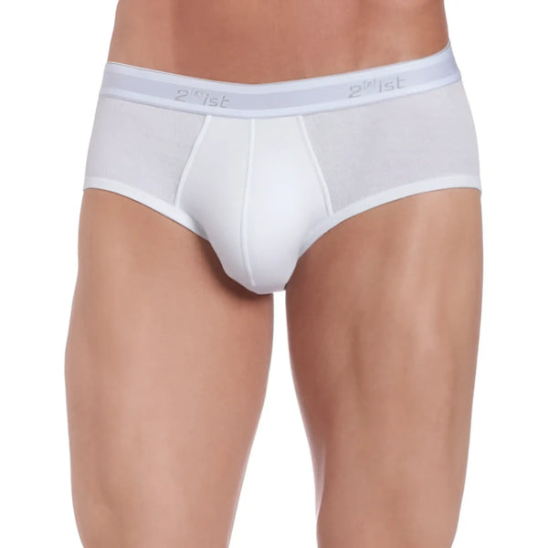 White 2(X)IST Essential Contour Pouch Brief with slim logo waistband — clean-cut, body-defining men's underwear