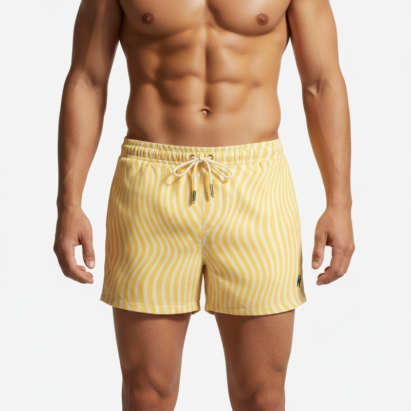 Yellow swim trunks with white wavy stripes and drawstring waistband from 2EROS sexy gay mens swimwear collection.
