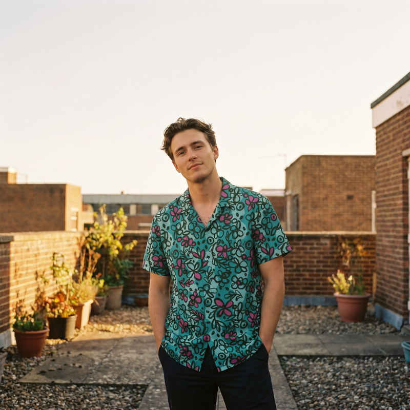 Man wearing teal Yuasa Sketchbook Cosmos short-sleeve floral shirt on a sunlit rooftop, warm golden-hour light.