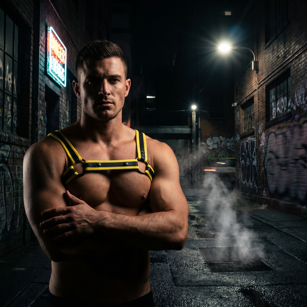 Man wearing a neoprene chest harness in a bold dramatic setting