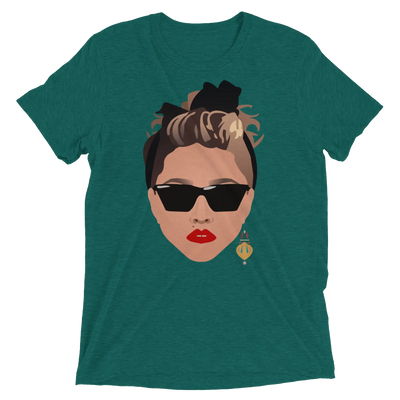 Teal crewneck t-shirt featuring a stylized illustration of a woman wearing sunglasses.