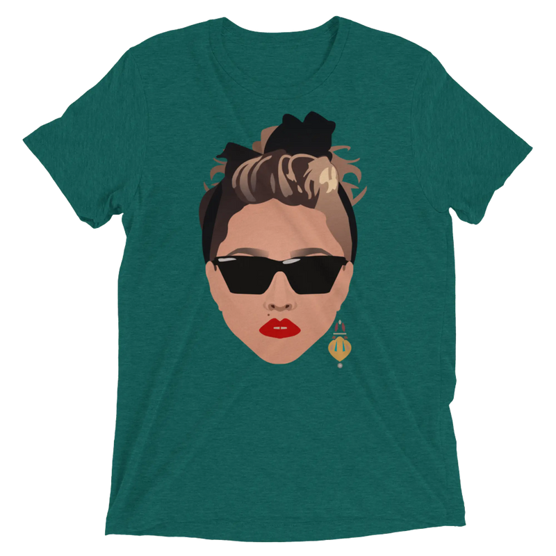 Teal crewneck t-shirt featuring a stylized illustration of a woman wearing sunglasses.