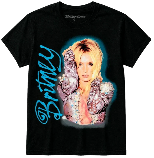 Black crew-neck tee featuring colorful female portrait graphic with blue cursive text.