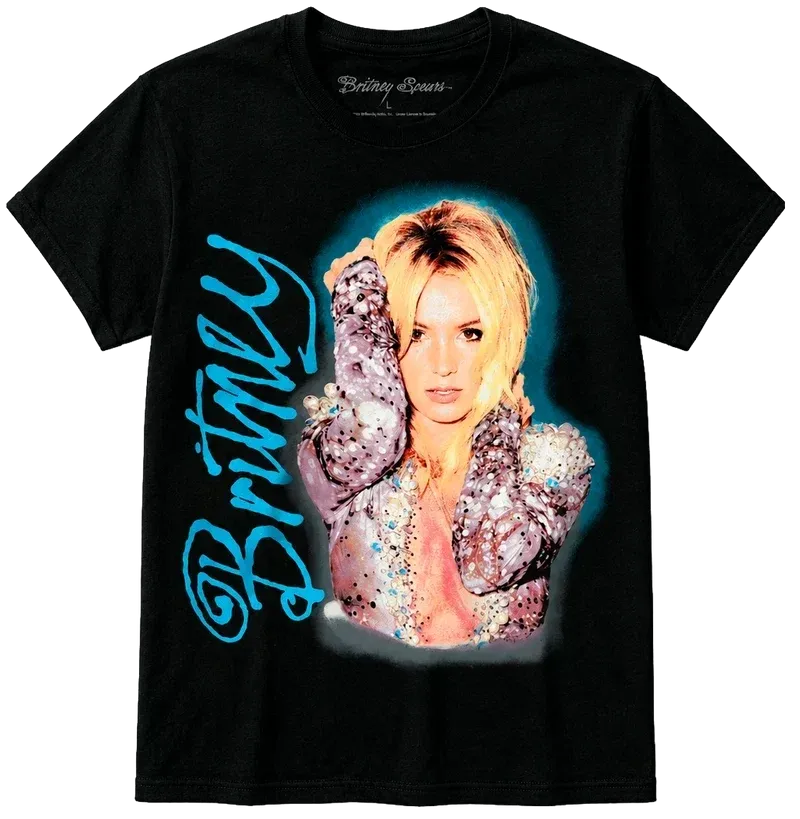 Black crew-neck tee featuring colorful female portrait graphic with blue cursive text.