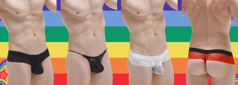 Black lace thong with small pouch and thin waistband from petitq gay men’s playful underwear collection back side view