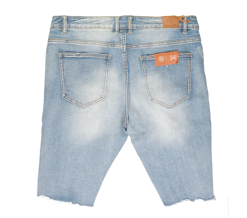 Light-wash denim shorts with frayed hem and orange brand tags from crysp denim collection