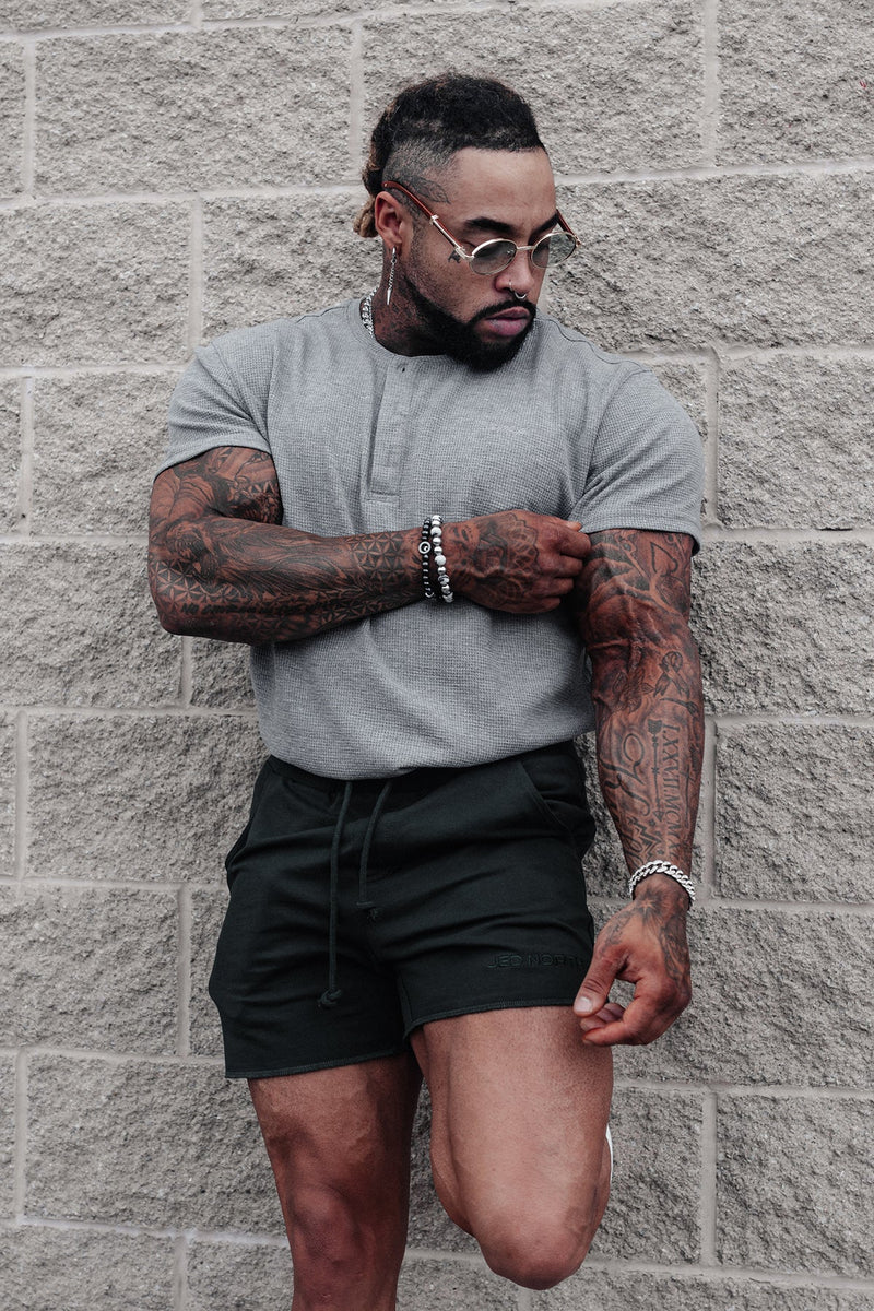 Gray textured short-sleeved henley shirt from gay plus size g-strings collection big bold and beautifully you