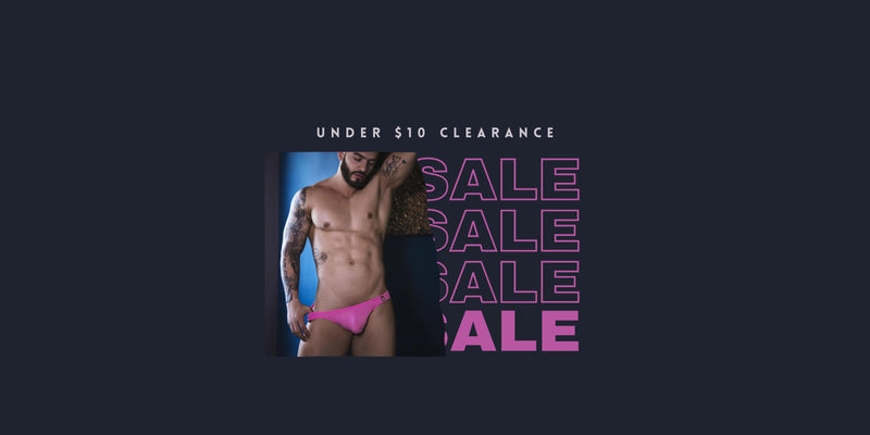A man wearing bright pink briefs from gay men’s underwear and swimwear clearance under 10 dollars.