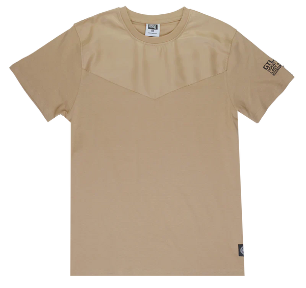 Beige short-sleeved t-shirt with darker beige chest panel and subtle sleeve branding from good things last 4ever collection