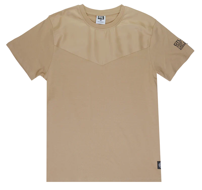 Beige short-sleeved t-shirt with darker beige chest panel and subtle sleeve branding from good things last 4ever collection