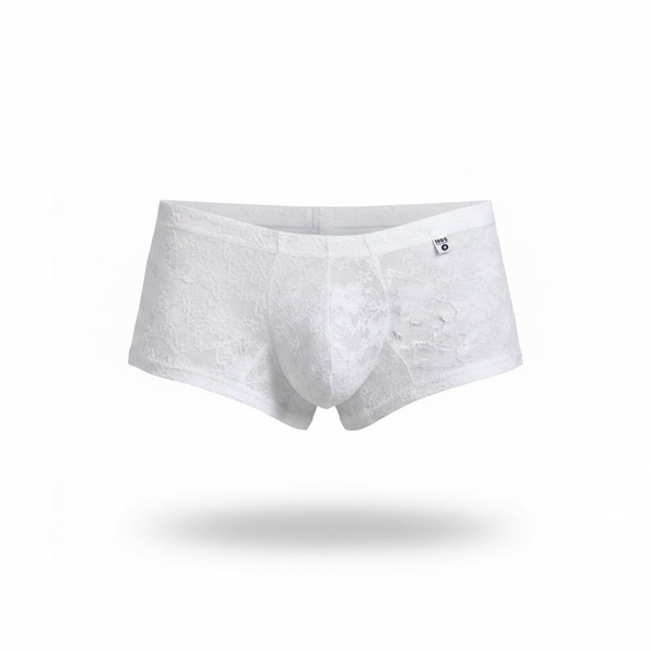 White lace men’s briefs with delicate floral pattern and subtle brand tag on waistband from mob eroticwear collection