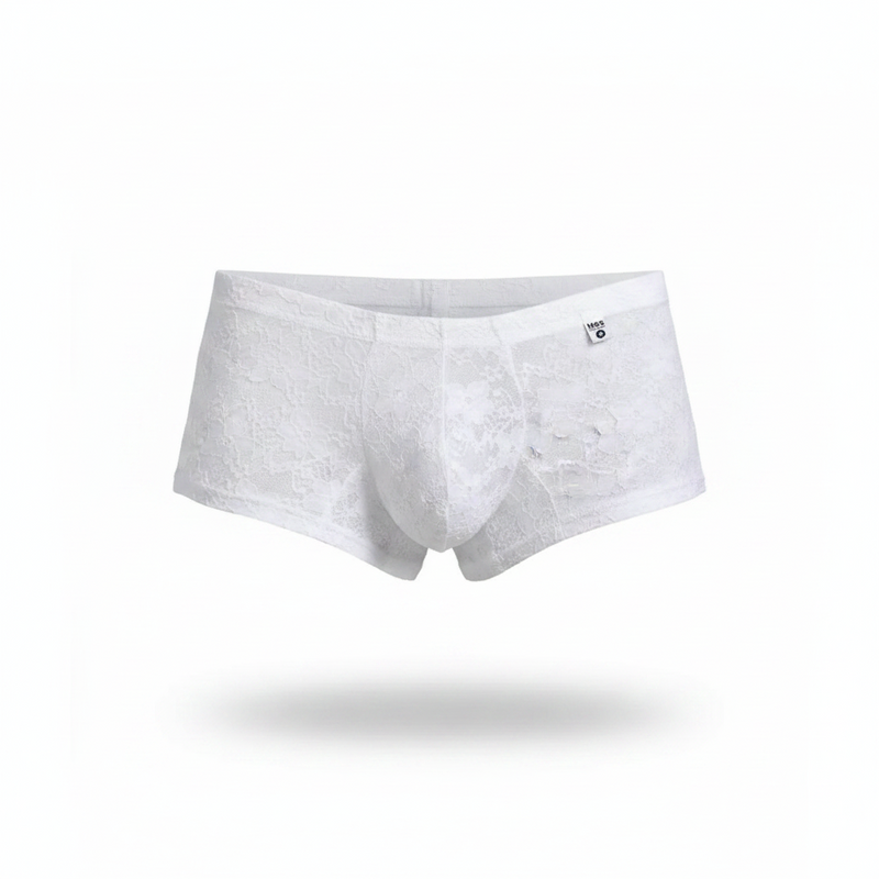 White lace men’s briefs with delicate floral pattern and subtle brand tag on waistband from mob eroticwear collection