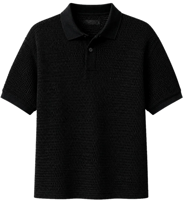 Black textured knit polo shirt with collar, short sleeves, and single button.