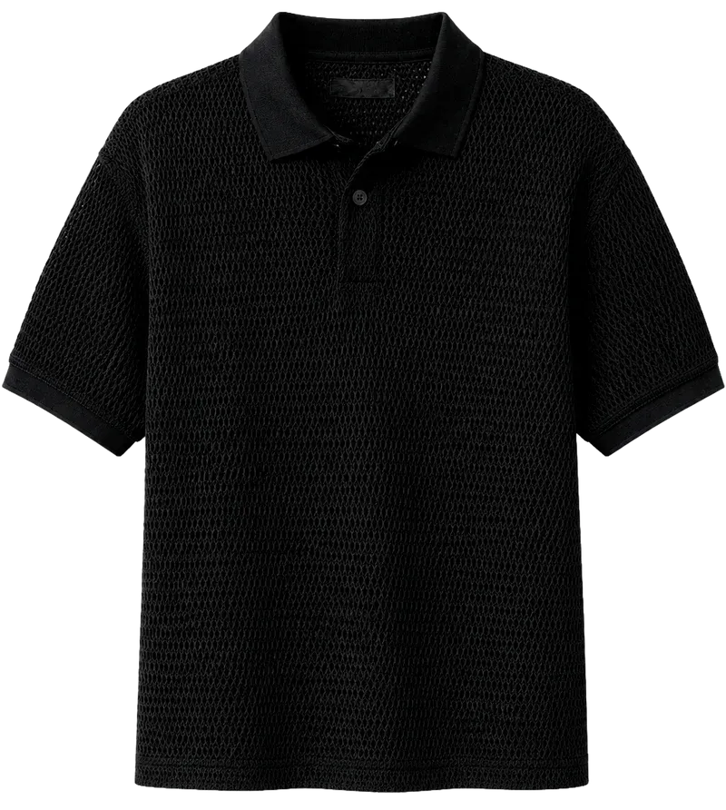 Black textured knit polo shirt with collar, short sleeves, and single button.