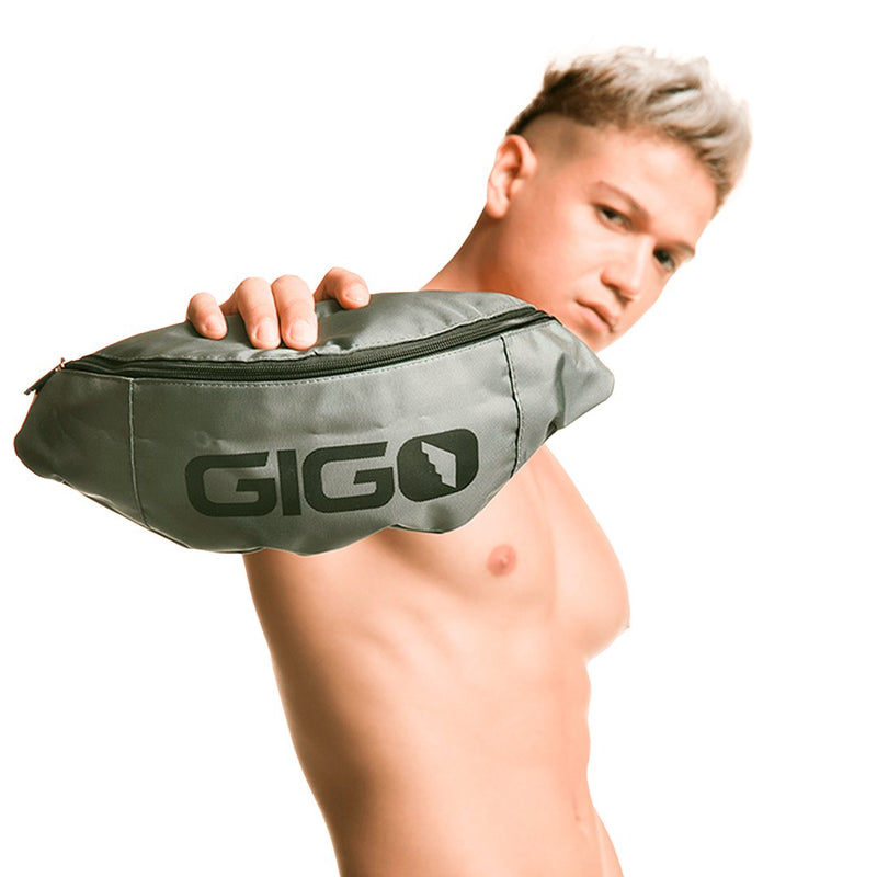 Gray gigo brand gray fanny pack with black zipper and logo from gay pride men’s harnesses masks and fierce accessories collection