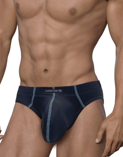 Muscular man wearing dark navy mesh briefs with light blue contrast stitching.