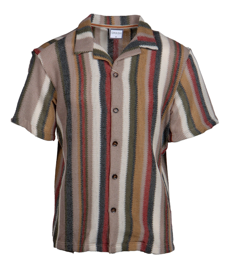 A colorful striped short-sleeved button-up shirt in woven fabric with earthy tones from the Smash Shirts collection