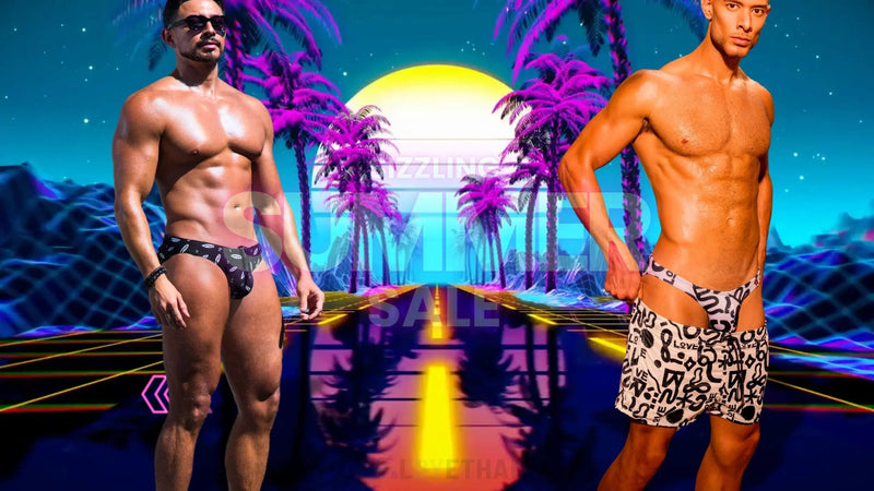 Black and white patterned swim trunks with bold graffiti style design from spring and summer pride collection for gay men