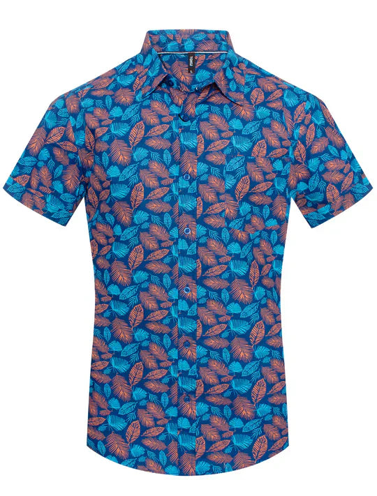 A vibrant blue short-sleeved button-up shirt with rust-colored leaf patterns from the Toku Shirts collection